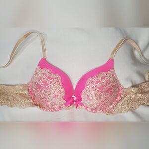 Victoria's Secret 34B Dream Angels Bra Hot Pink Gold Lace Push Up